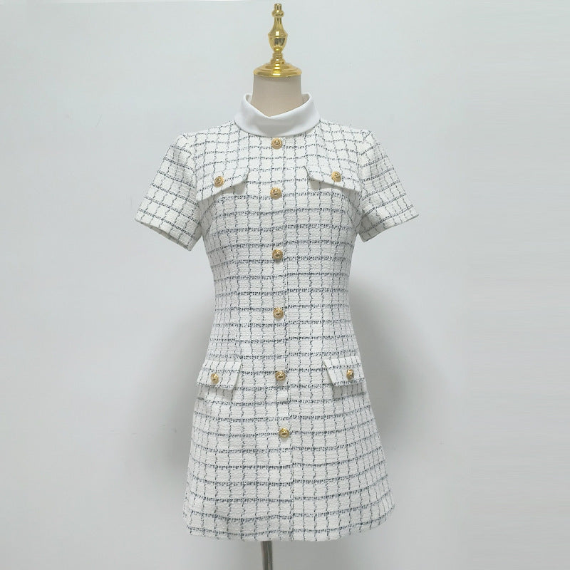 WHITE DECORATIVE BUTTON CHECK MINI DRESS FOR PARTY