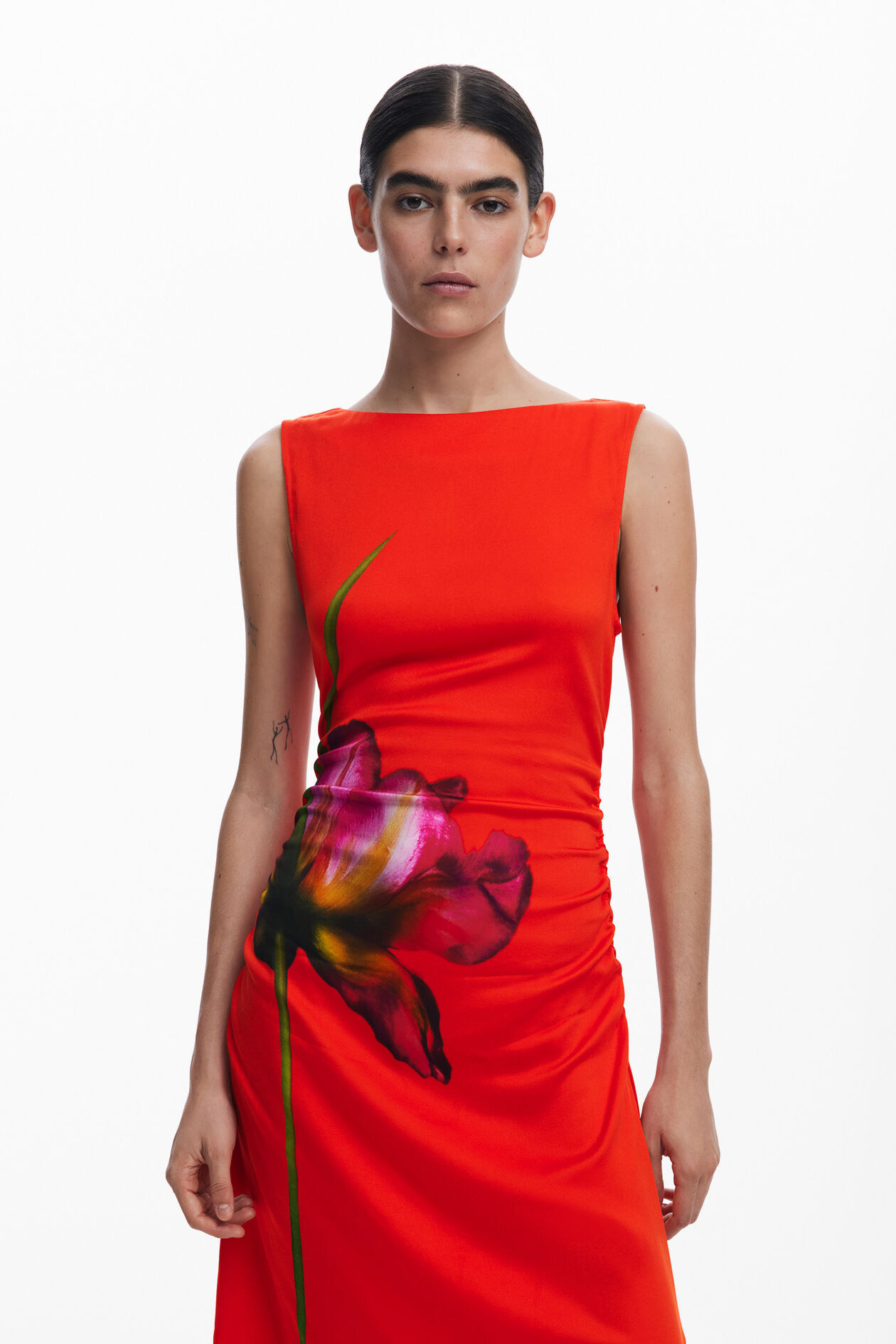 RED RUCHED MIDI DRESS, SLEEVELESS FLORAL FOR WEDDING