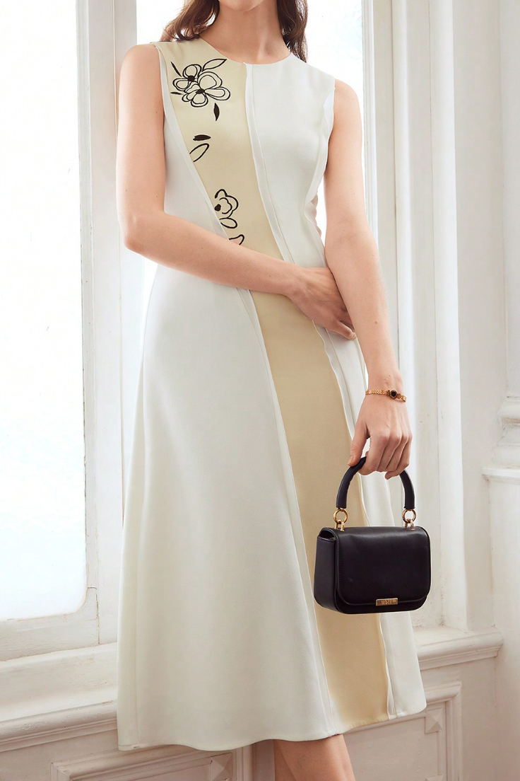 WHITE BEIGE COLOR-BLOCK FLORAL EMBROIDERED SLEEVELESS MIDI DRESS