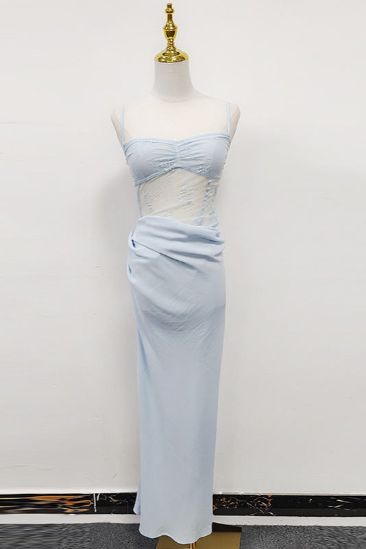 RUFFLED PLEATED SUSPENDER MAXI DRESS, BLUE