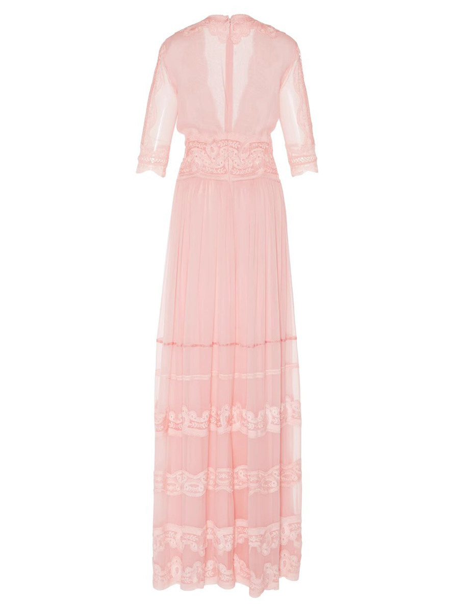 BLUSH PINK LACE V-NECK MAXI DRESS, ROMANTIC