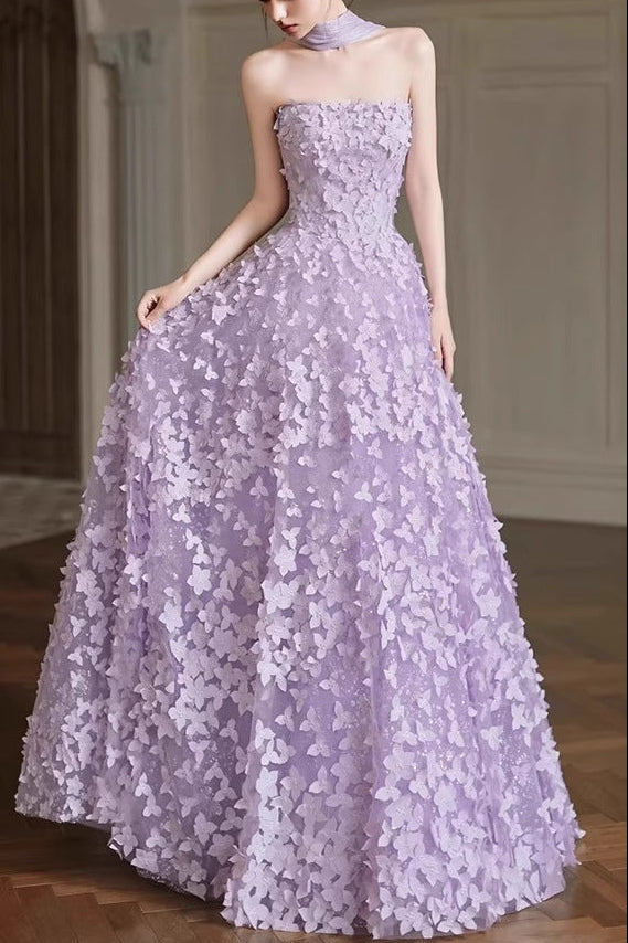 ARLENE PURPLE STRAPLESS FLORAL EVENING GOWN