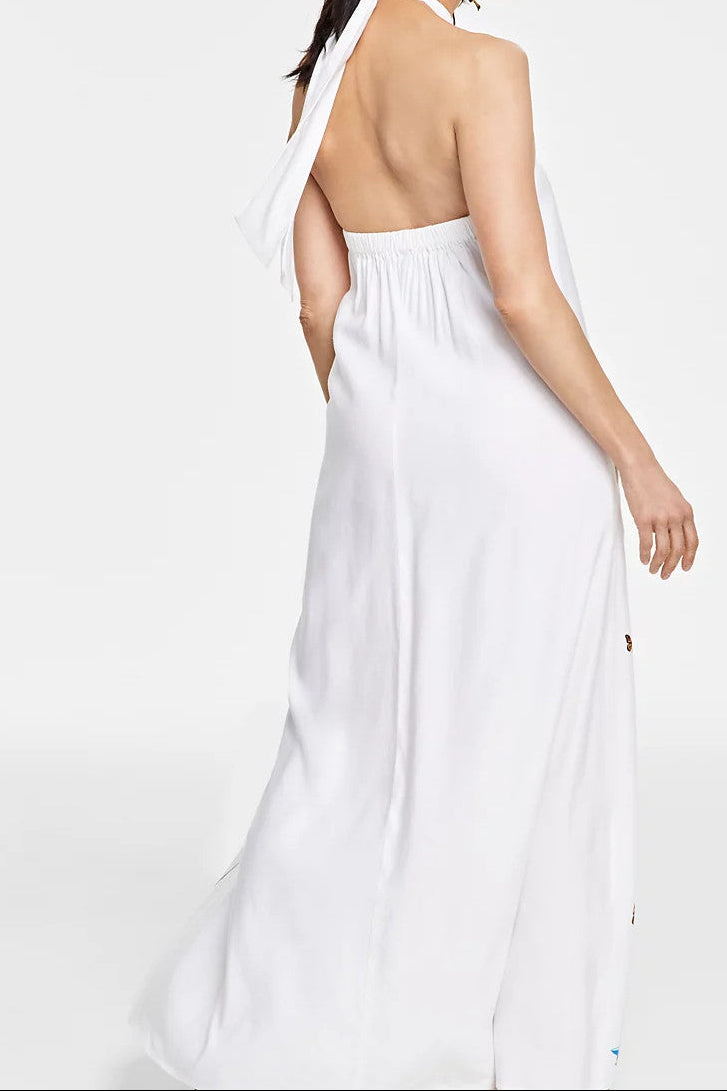 WHITE FLORAL BUTTERFLY HALTER MAXI DRESS