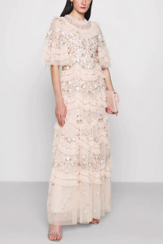 LALABELLE APRICOT TULLE FLORAL A-LINE GOWN