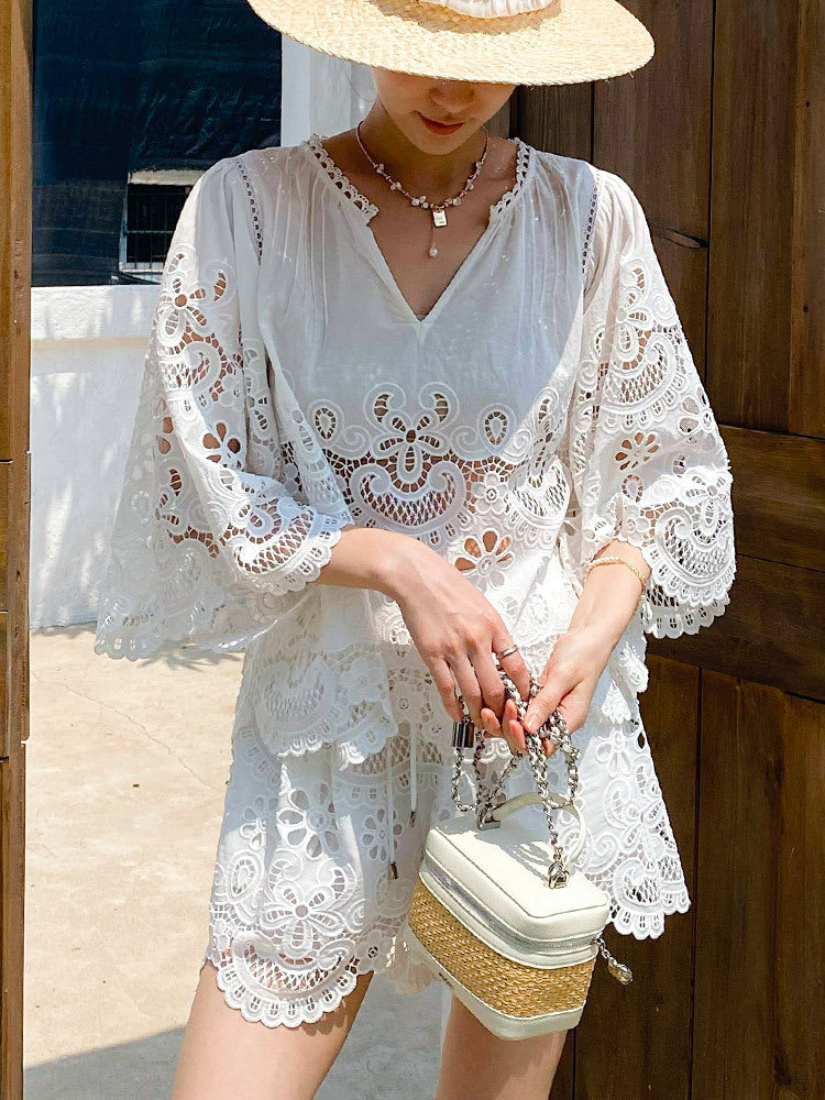 WHITE LACE EMBROIDERED HOLLOW PARTY SUIT