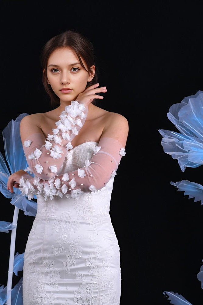 SHEER TULLE DETACHABLE SLEEVES, 3D FLOWERS & PEARLS