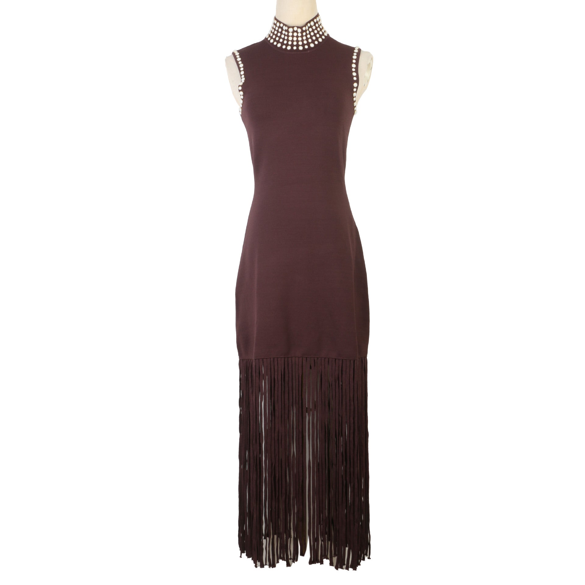 LARA BROWN FRINGE KNIT SLEEVELESS MIDI DRESS