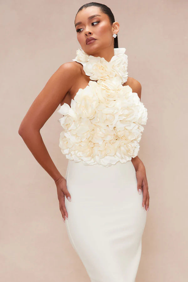 FLOWER BANDAGE MIDI DRESS WHITE