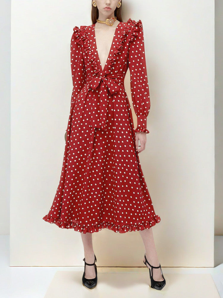 O1CN01REBjG11SvZbmB2tUm__277952309 RED POLKA DOT LONG SLEEVE MIDI DRESS