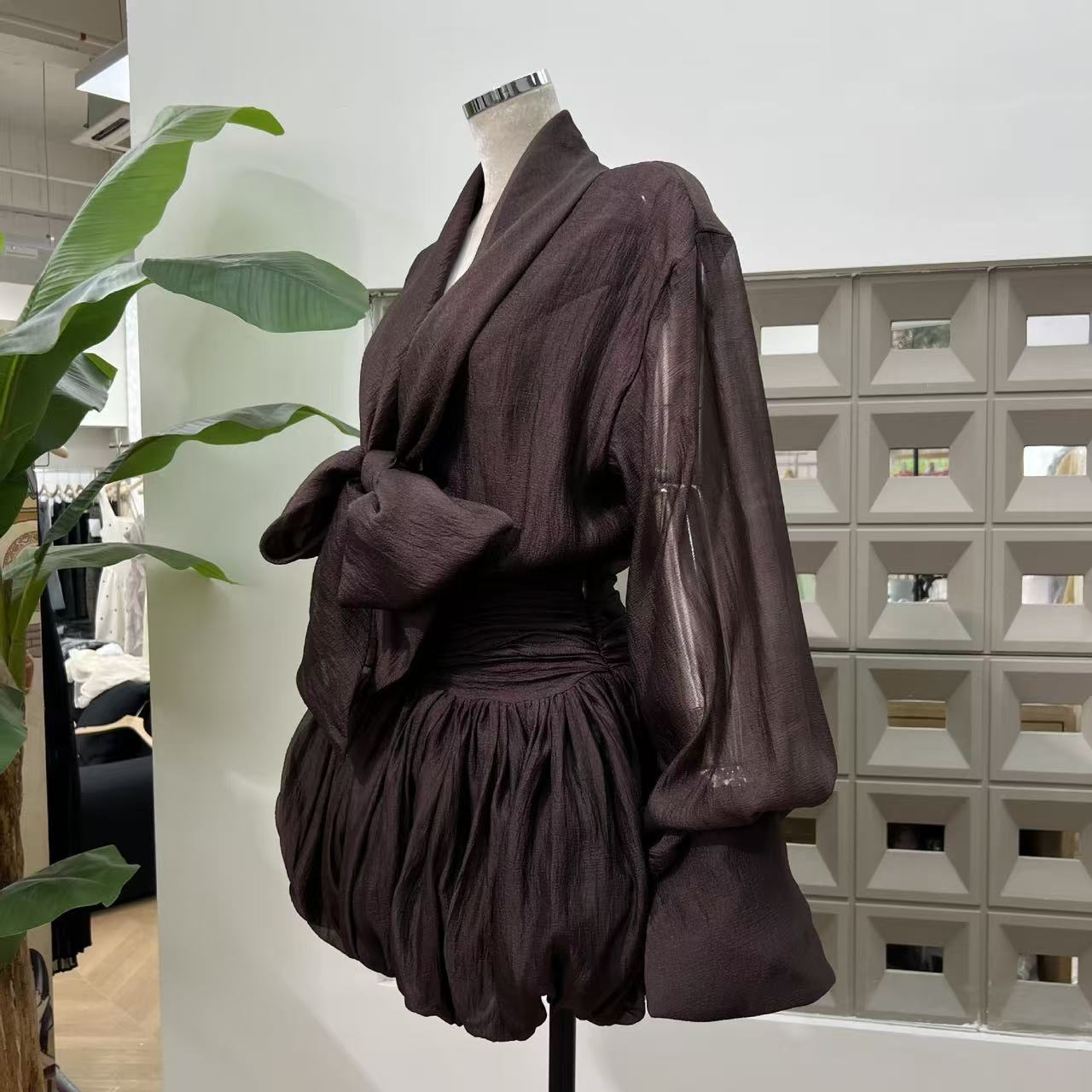 VIOLA DARK BROWN TIE-NECK BOW MINI SHIRT DRESS
