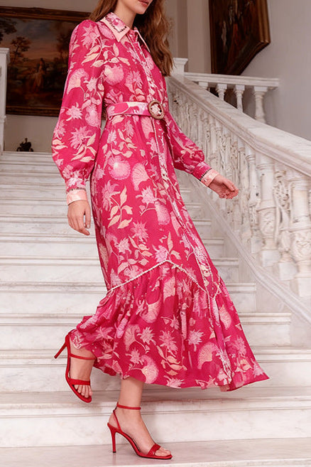 PHOENIX RED FLORAL BELTED MAXI DRESS