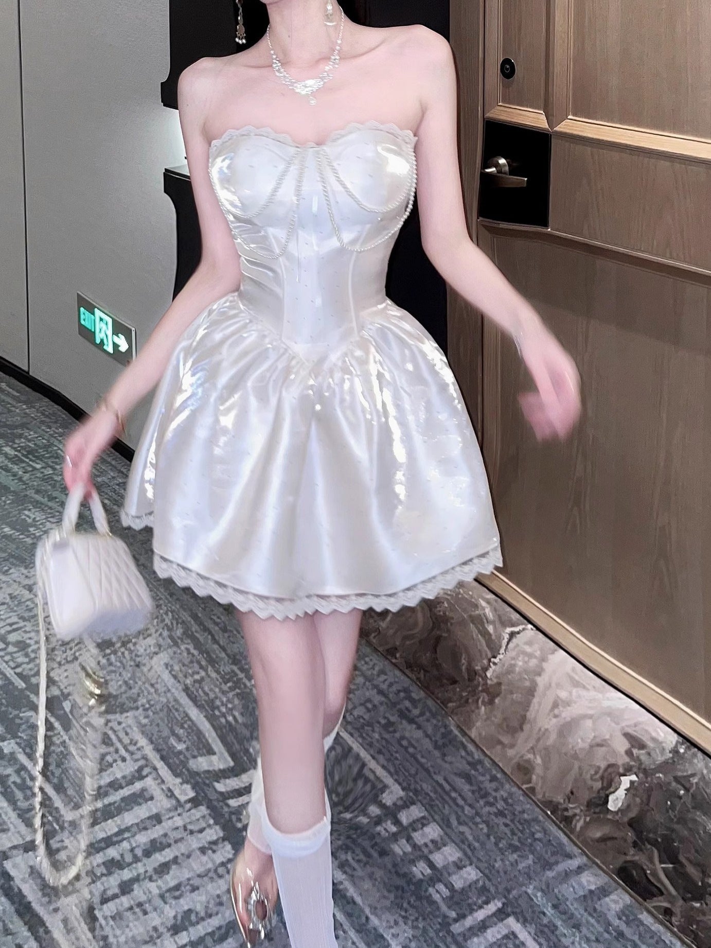 ADELE SWEETHEART A-LINE STRAPLESS SATIN MINI DRESS