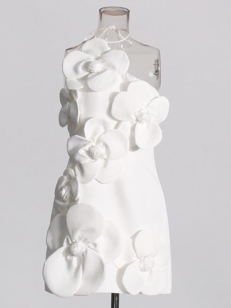 WHITE FLORAL HALTER MINI DRESS FOR WEDDING GUEST