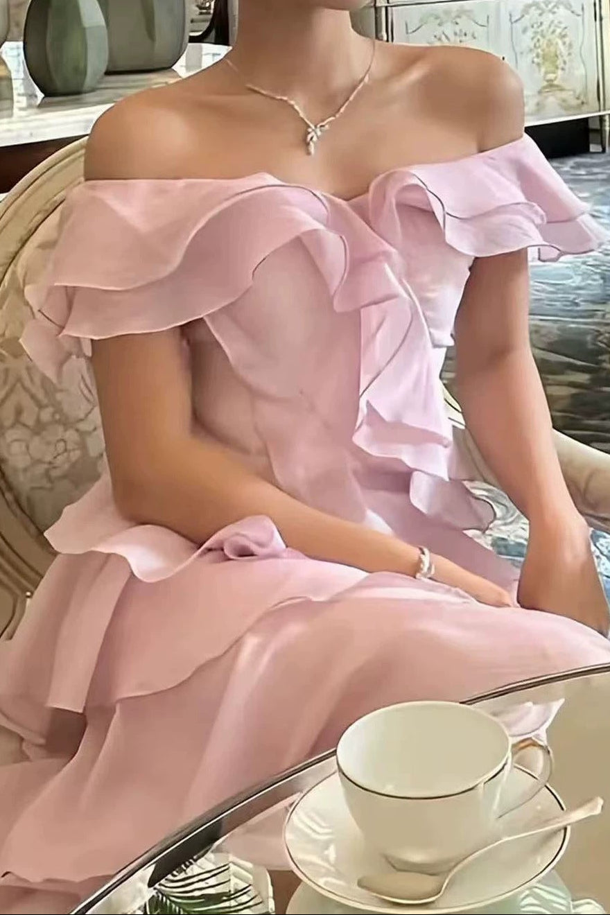 OFF SHOULDER RUFFLE CHIFFON MAXI EVENING GOWN
