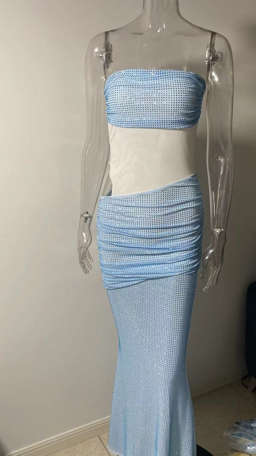 MAGGIE OFF-SHOULDER RHINESTONE MESH MAXI DRESS