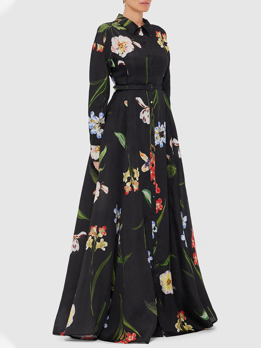BLACK FLORAL BELTED SHIRT MAXI DRESS WITH SLIT