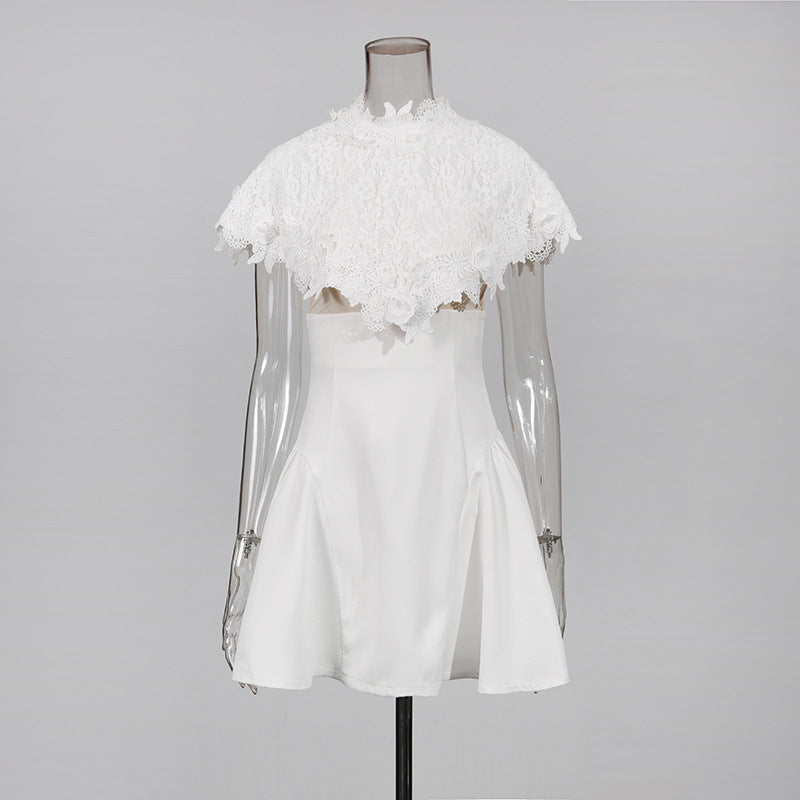 VANESSA WHITE LACE CAPE MINI DRESS FOR WEDDING