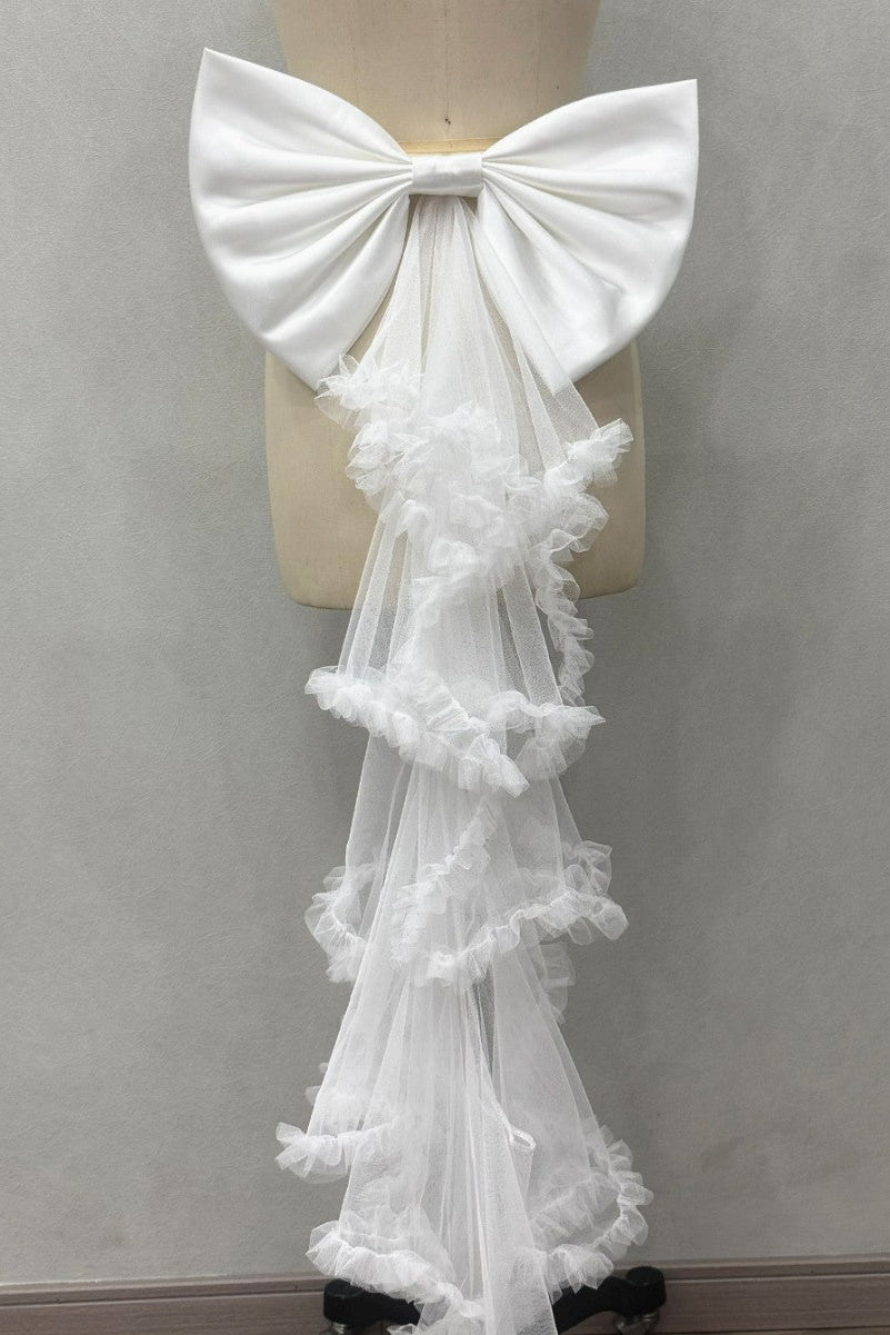 WHITE SATIN BOW TIERED TULLE BRIDAL SASH