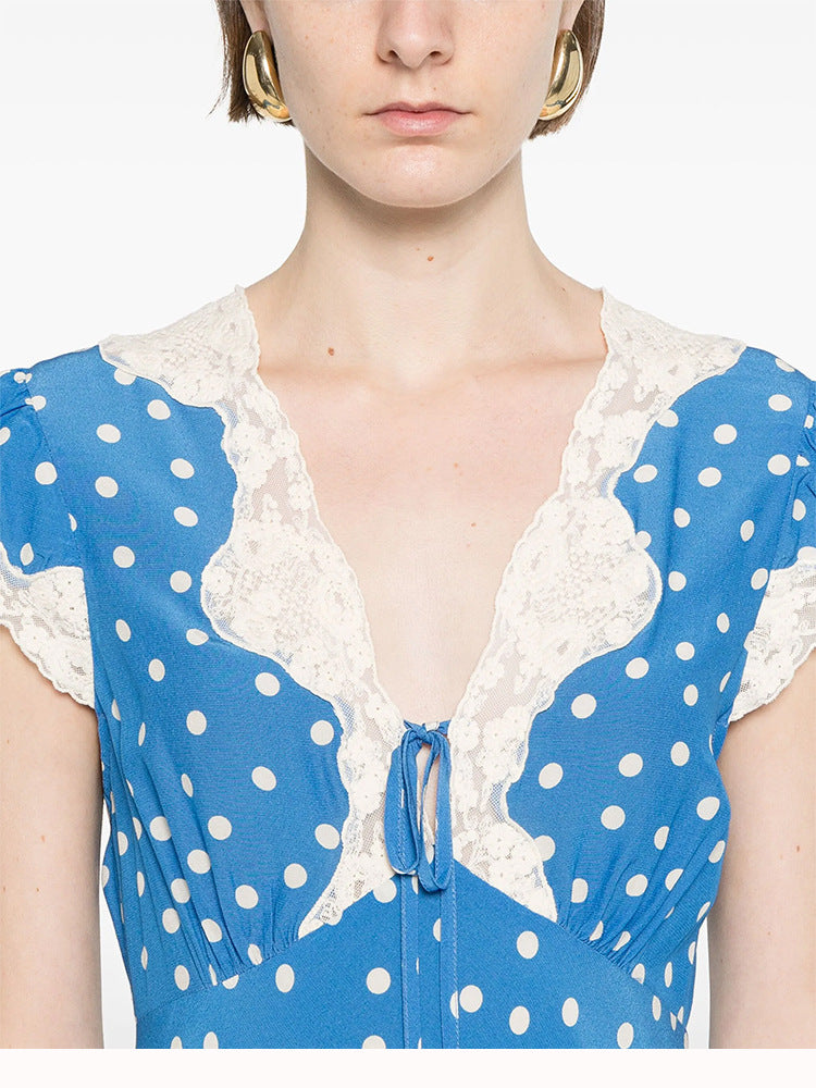 POLKA DOT LACE V-NECK MAXI DRESS IN BLUE