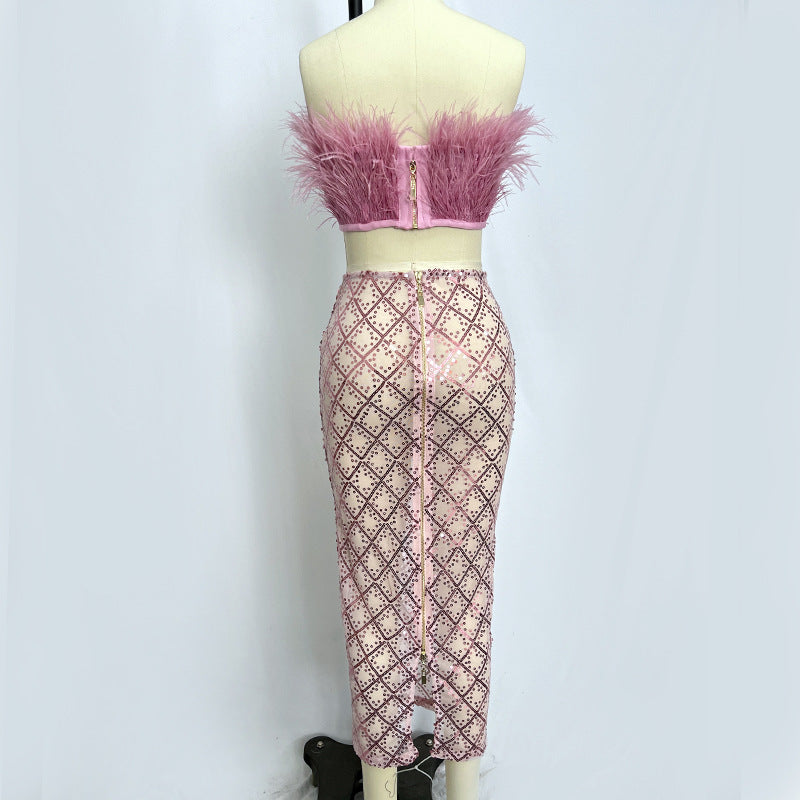 AUDREY PINK FEATHER TOP SEQUIN MIDI SKIRT SET
