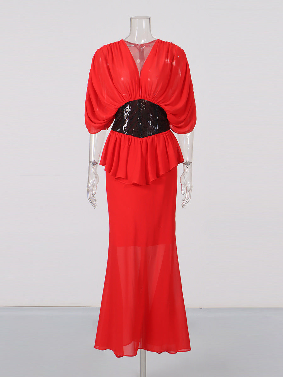 YVETTE V-NECK FISHTAIL BODYCON MAXI DRESS - RED