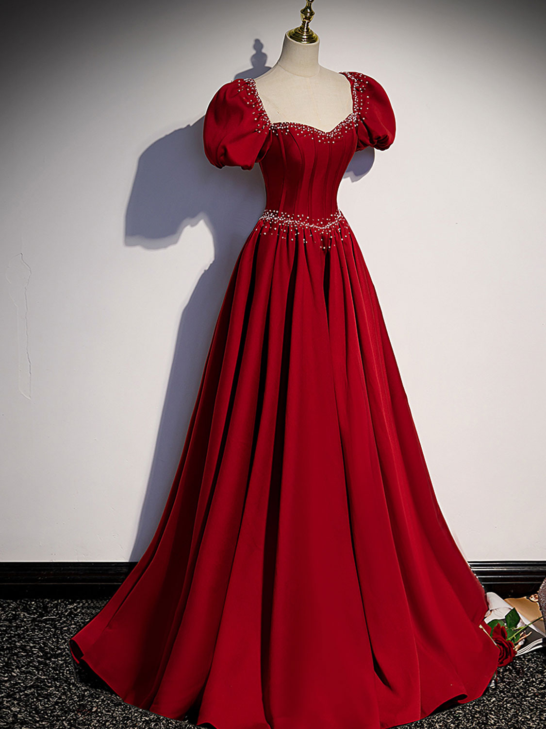 BURGUNDY SATIN A-LINE DRESS FOR EVENTS