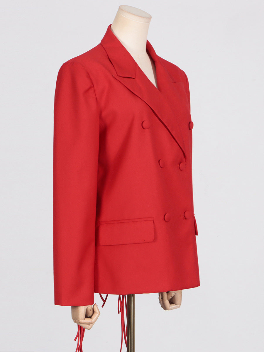 VIENNA RED BACKLESS BLAZER WITH FRINGE CUTOUT