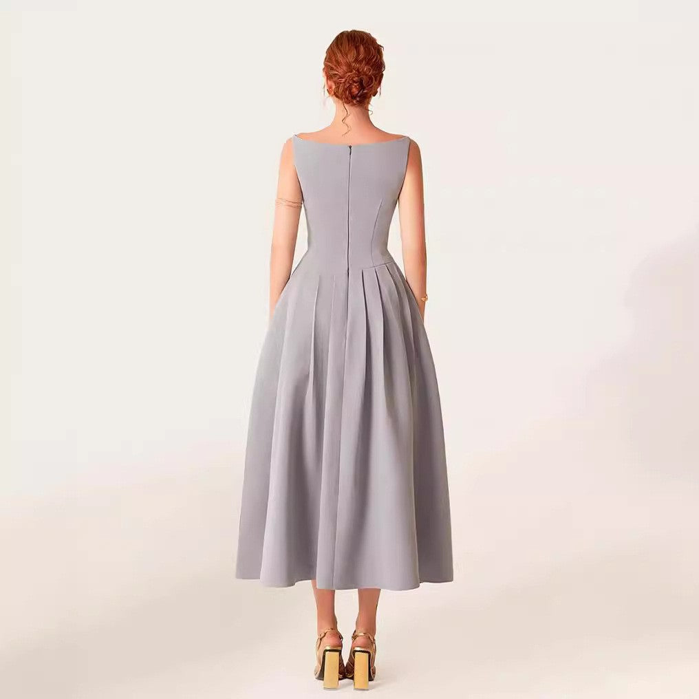 SLEEVELESS PLEATED SLIT MIDI DRESS GRAY