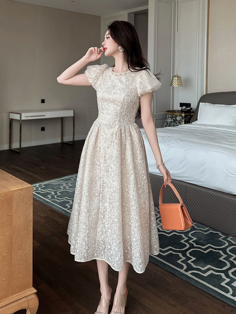 PEARL NECK PUFF SLEEVE LACE FLARE MAXI DRESS APRICOT