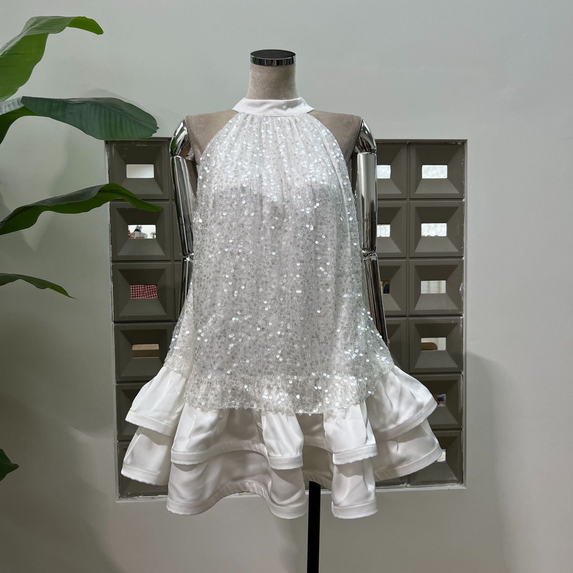 GEMMA SEQUIN SLEEVELESS BOWKNOT MINI WHITE DRESS