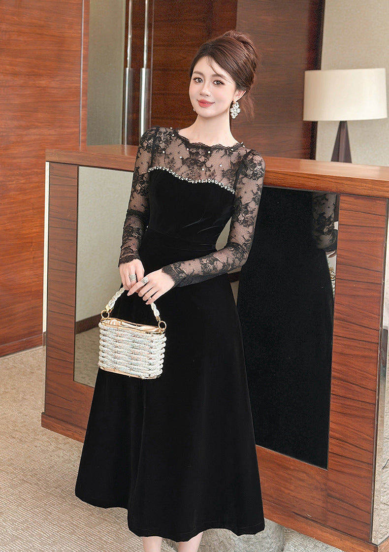 BLACK VELVET RHINESTONE MAXI DRESS WITH LACE SLEEVES