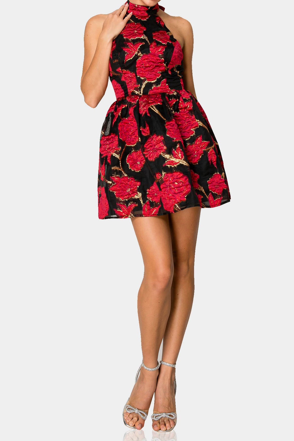 JACQUARD HALTER BACKLESS A-LINE MINI DRESS