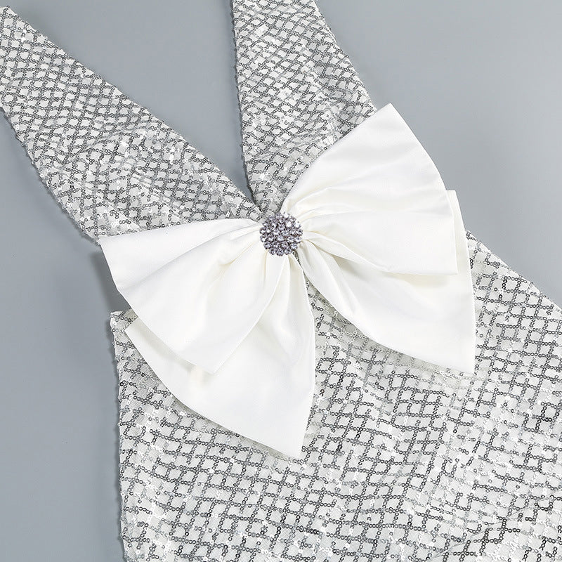 REBECCA SILVER SEQUIN V-NECK MAXI DRESS FOR EVENING