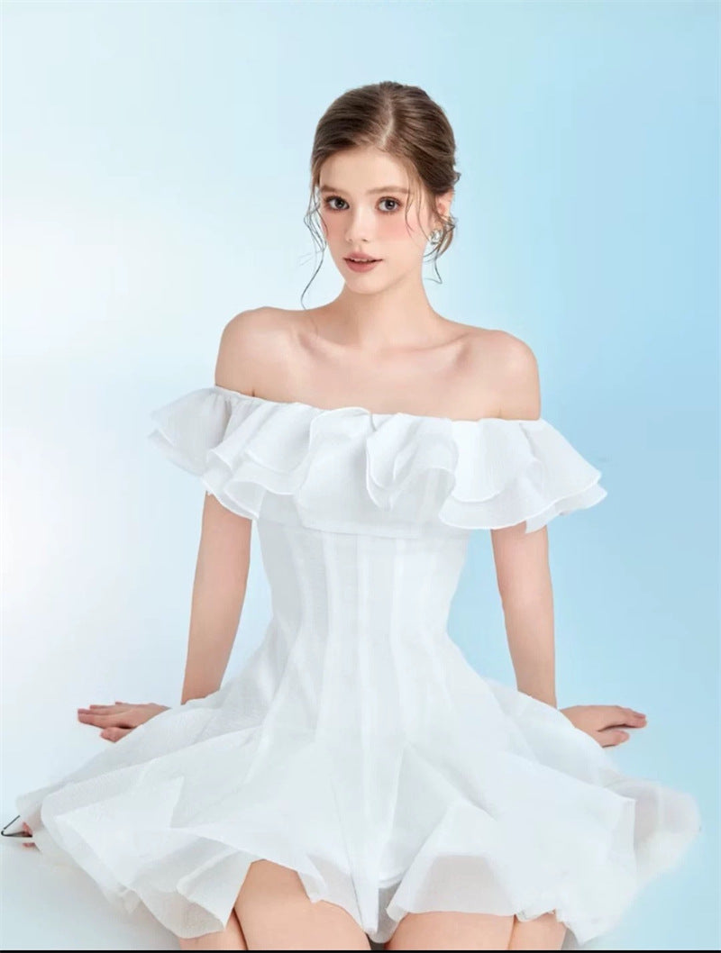 STEPHANIE OFF-SHOULDER RUFFLE MINI DRESS WHITE