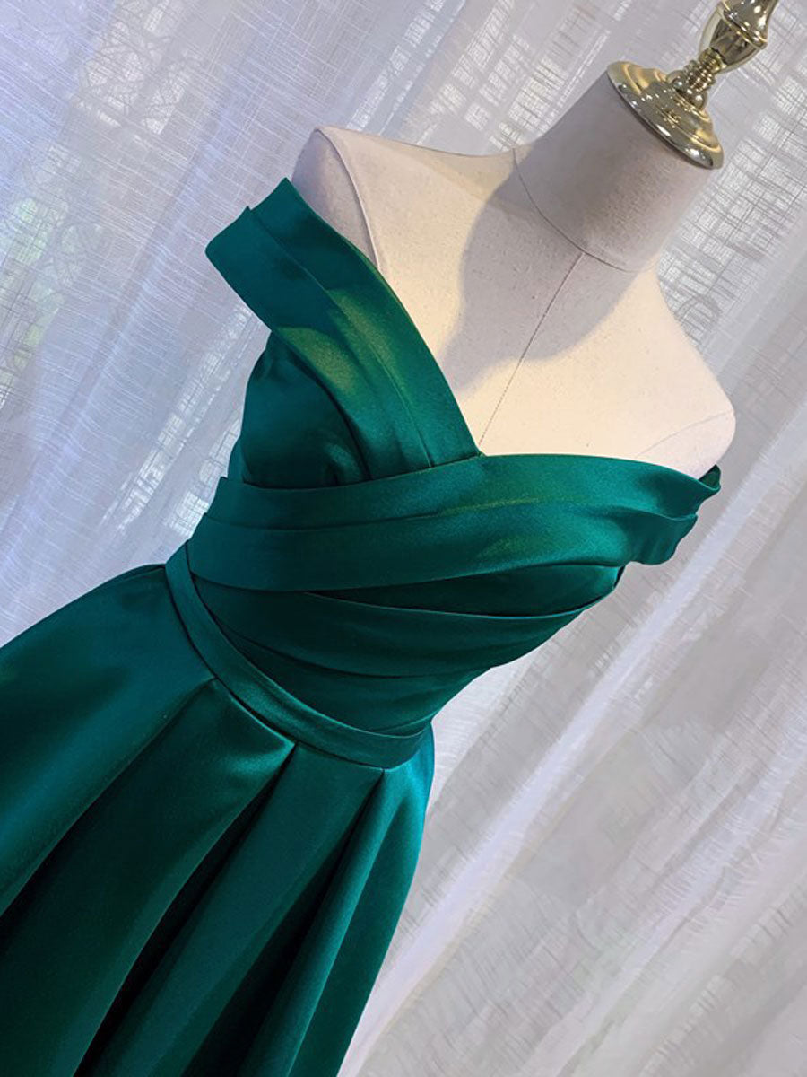 LUXE GREEN SATIN OFF-SHOULDER COCKTAIL DRESS