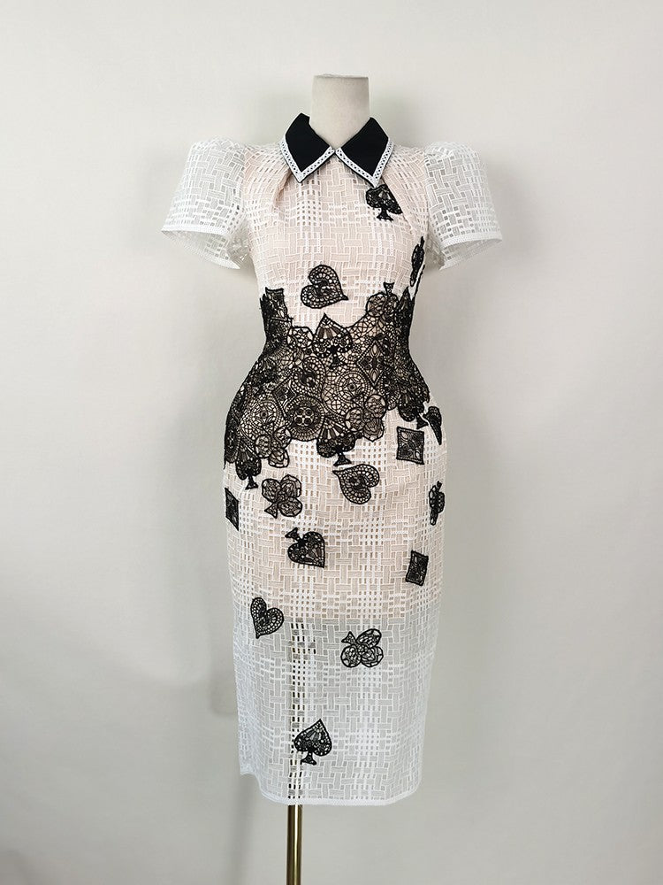 SEQUIN POKER PATTERN WHITE MIDI DRESS