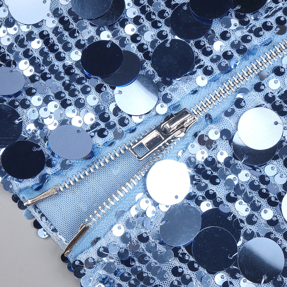 ROBERTA SEQUIN DEEP V-NECK COLUMN GOWN BLUE