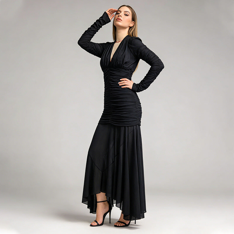 JOSEPHINE V-NECK RUCHED MAXI DRESS, BLACK