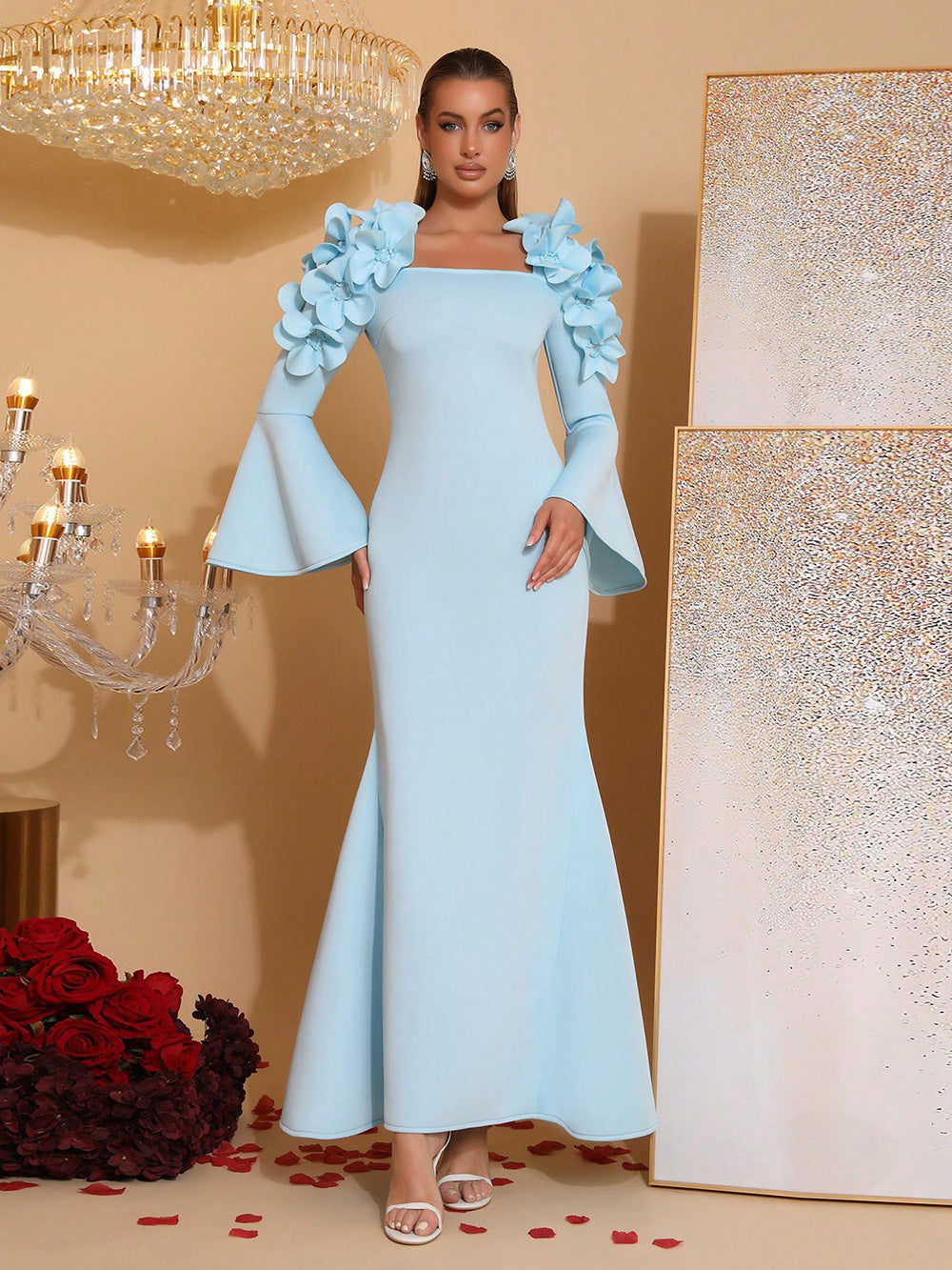 CYNTHIA 3D FLOWER BLUE BODYCON MAXI DRESS