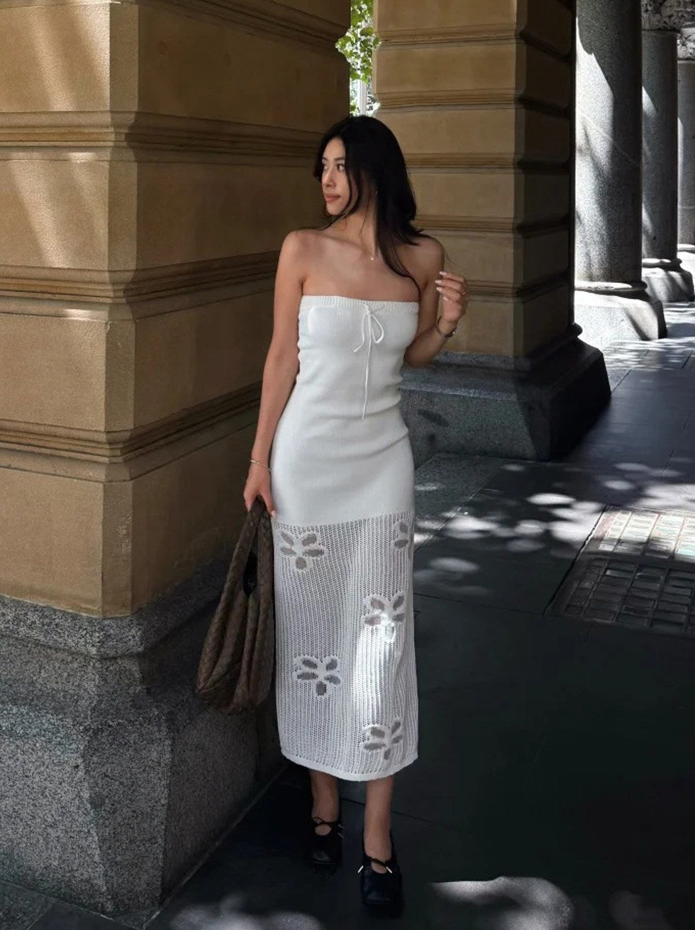 WHITE STRAPLESS KNIT MAXI DRESS, CROCHET HEM