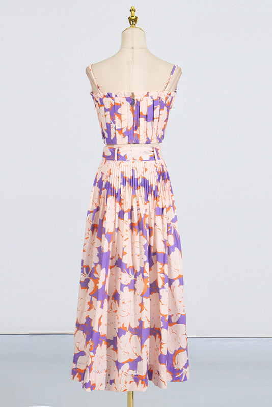 PLEATED FLORAL BUSTIER TOP & SKIRT SET, BLUE, BEACH