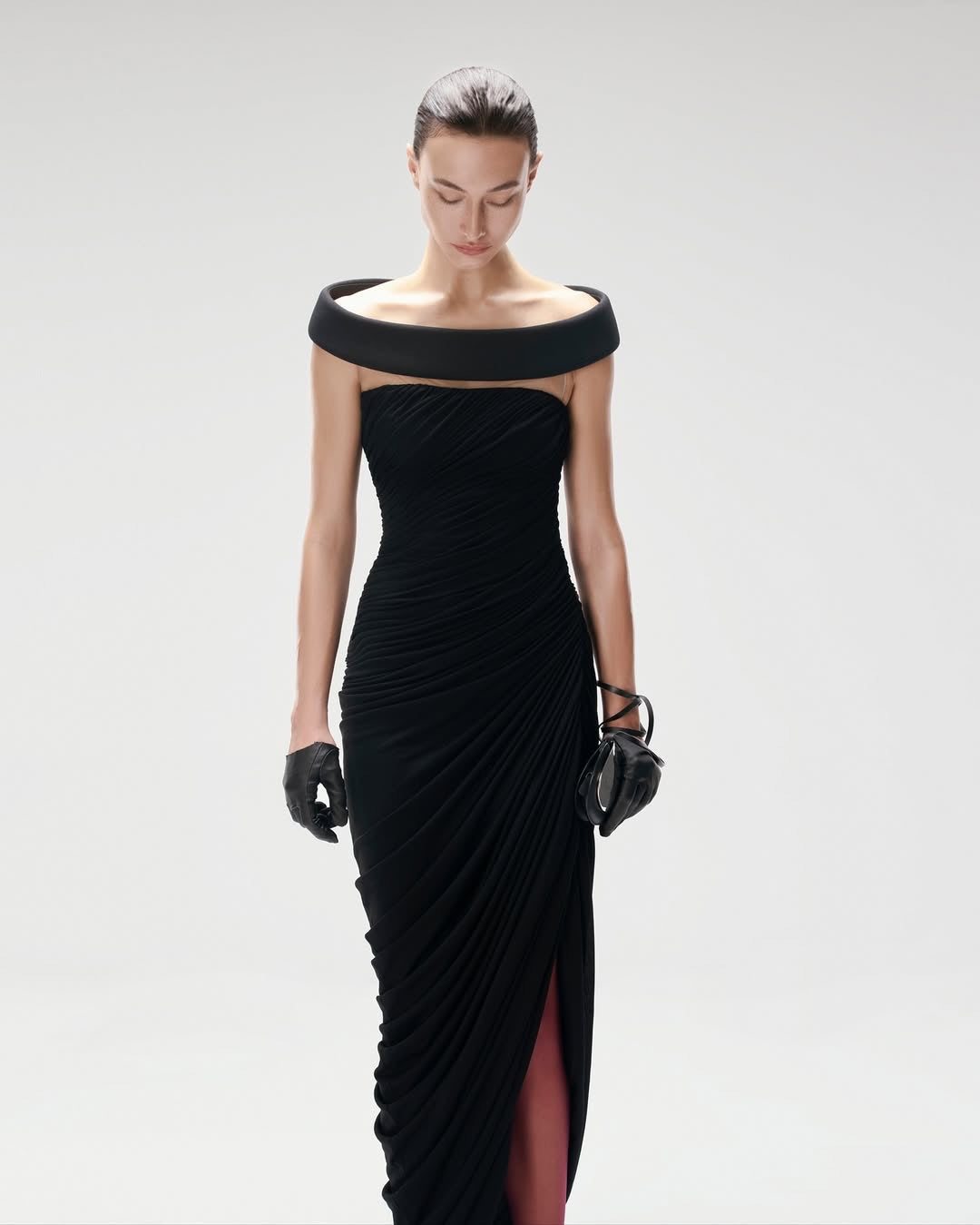 LOLA BLACK OFF-SHOULDER ASYMMETRICAL DRAPED MAXI DRESS