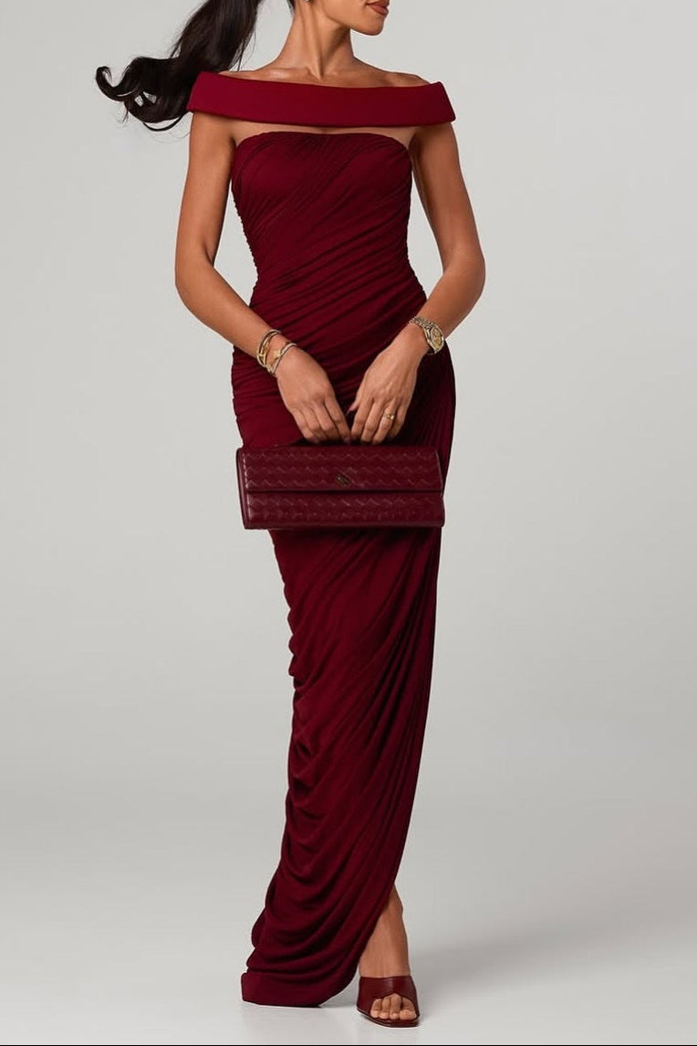 BURGUNDY OFF-SHOULDER ASYMMETRICAL DRAPED HIGH SLIT MAXI DRESS