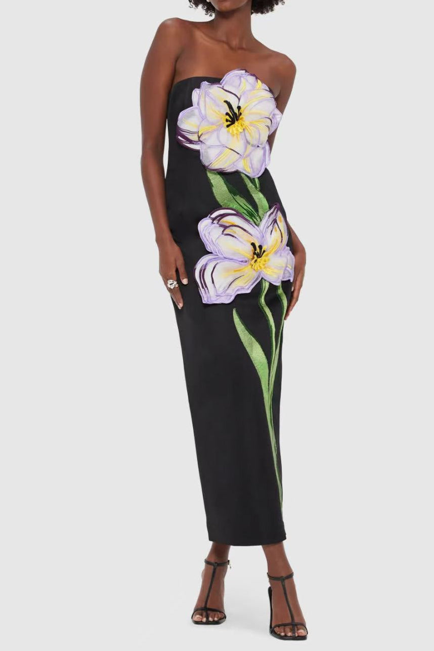 SUZANNE BLACK FLORAL BUSTIER MAXI DRESS