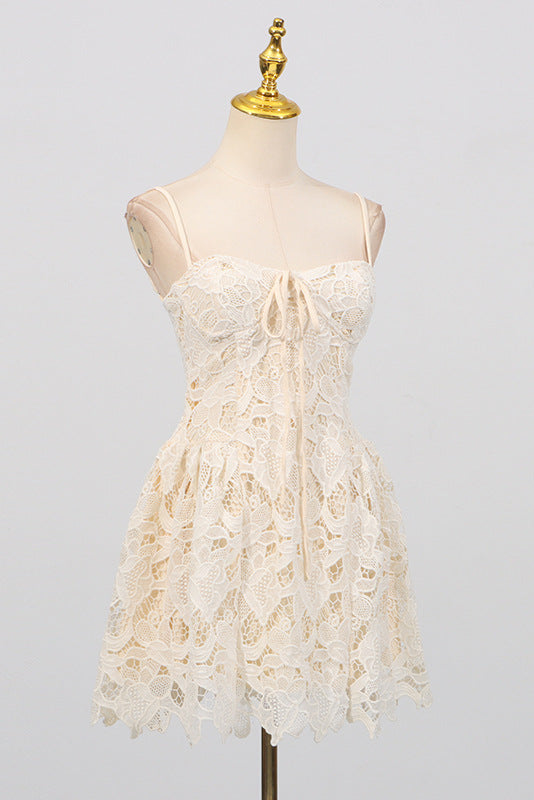 LACE HOLLOW SLEEVELESS YELLOW MINI PARTY DRESS