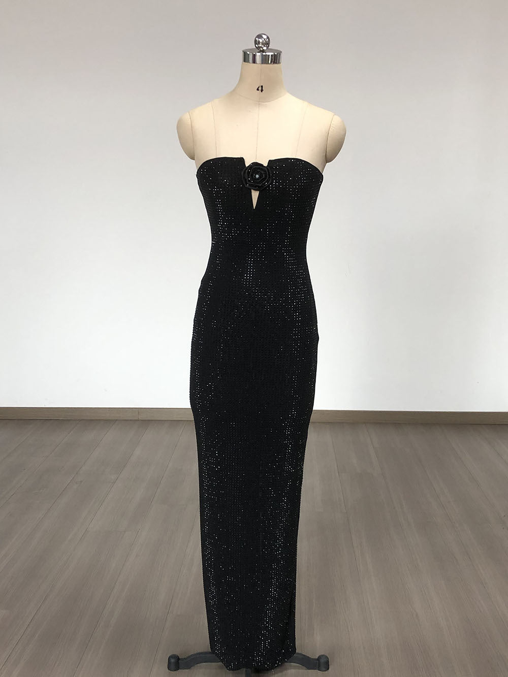 STRAPLESS BLACK RHINESTONE MAXI DRESS FOR EVENTS