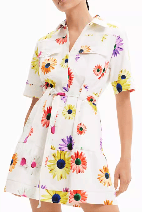 WHITE MULTI DAISY PRINT SHIRT DRESS WITH BELT