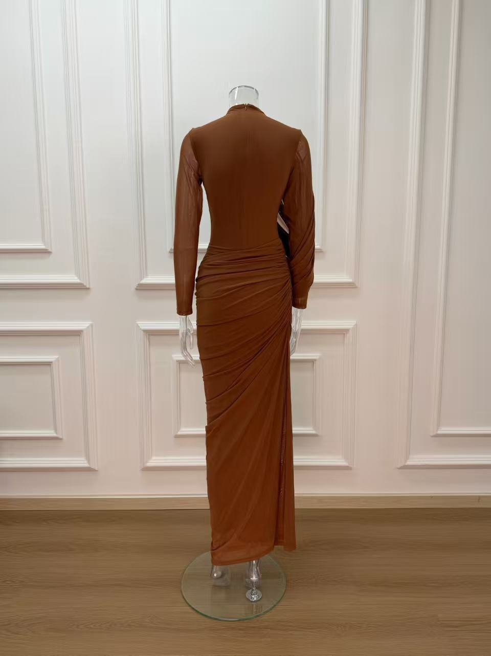 LIZ HIGH NECK DRAPE MAXI DRESS BROWN