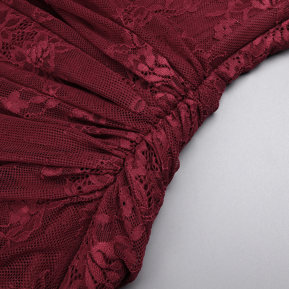 WENDY BURGUNDY LACE ONE-SHOULDER MAXI DRESS FOR EVENTS