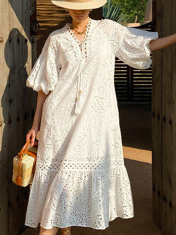 WHITE PUFF SLEEVE MAXI DRESS FOR WEDDING
